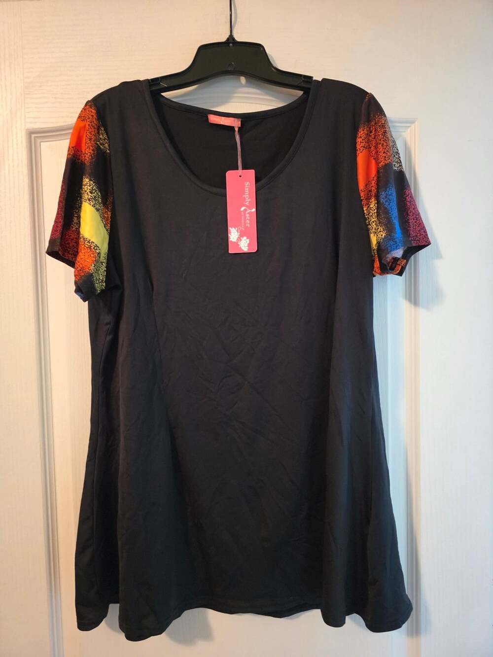 NWT Simply Aster Black Tunic Size 3X Colorful Pattern Sleeve Top